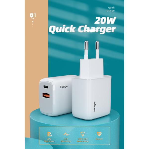 Essager 2021 YuRoom PD QC 20W Mobile Chargers USB Type C Charger Cable USB 100-240V PD Wall Charger