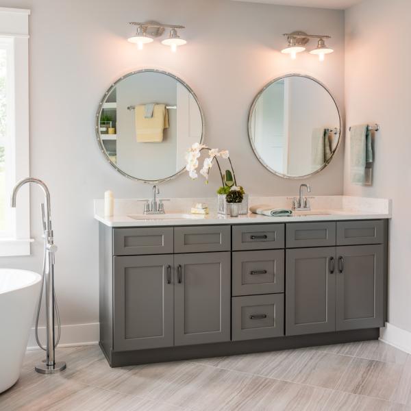 Wooden Floor Mounted Lacquer Bathroom Vanity Units Light Grey Shaker 72 Inch Double Mirror