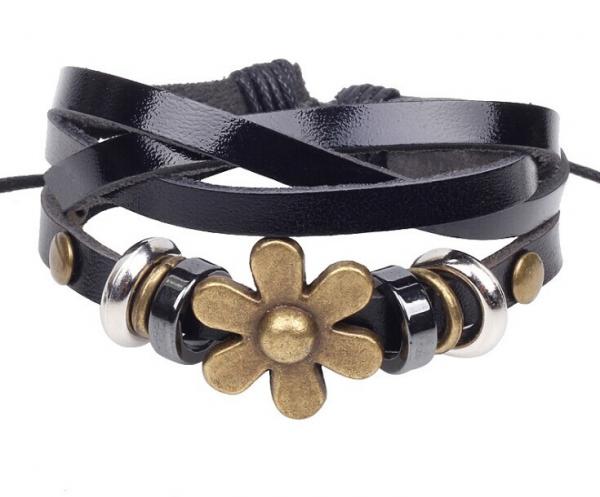 Quality Black twisted leather brass flower charm bracelets, strands leather bracelets for sale