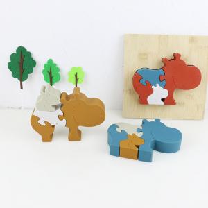 Cheap Silicone and wooden jigsaw puzzle standing animal hippo puzzle kid toys for child playing wholesale