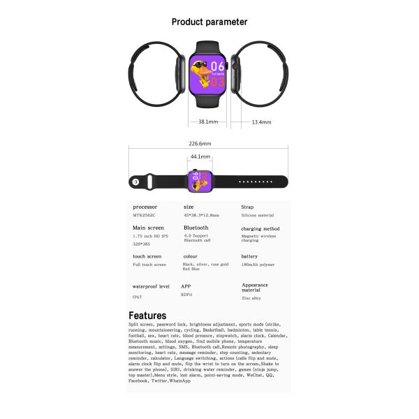 1.75 Inch Ble 3.0 Full Touch Fitness Tracker GTS Blood Pressure Smartwatch