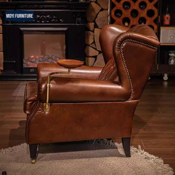 Sponge Filled MOYI Antique Hotel Lounge Meeting Room Cigar Tan Leather Accent Sofa Single Sofa Chair for Home Living Room Dining Coffee Leisure