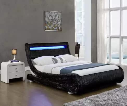 Faux leather Curshed Velvet Upholstered Fabric Bed With LED Light Headboard