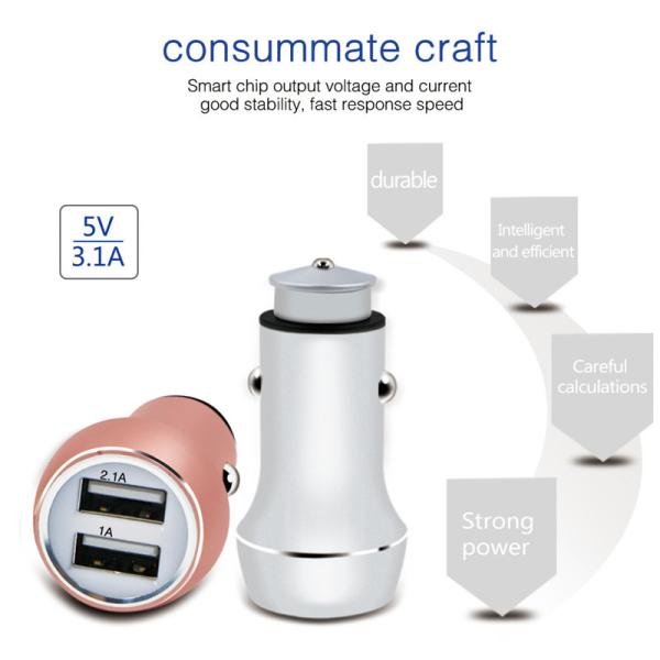 12V 3.1A Aluminium Alloy dual port usb cell phone smart car charger with rohs certificate for Smart Phone Tablets