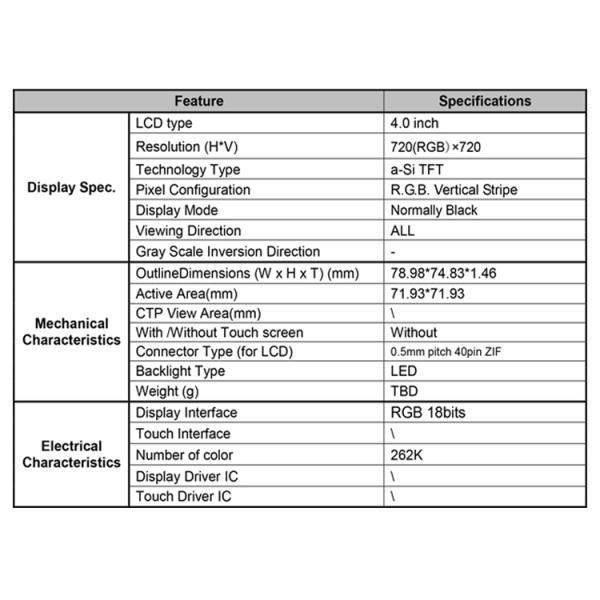 FPC Plug IPS LCD Display 720X720 650CD/M2 All Angle Remote Control Screen