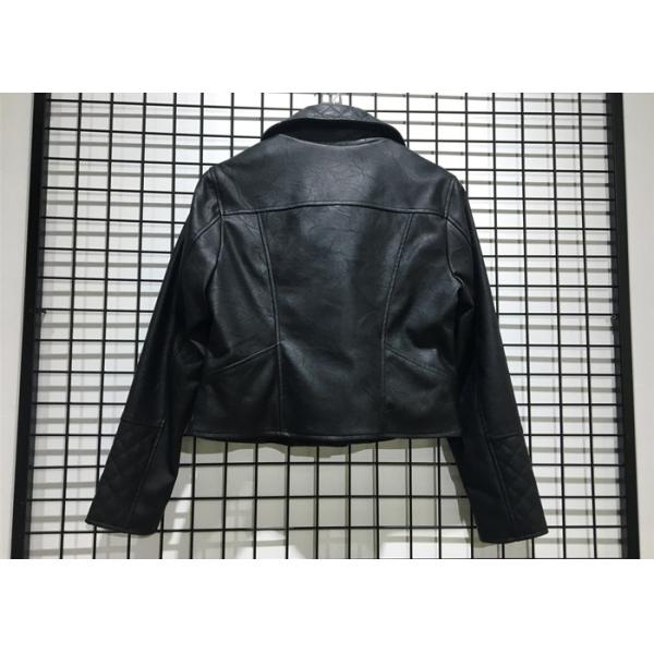 Black Textured Pleather Ladies PU Jacket Asymmertrical Zip Through For Women
