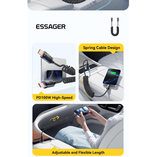 ESSAGER ES-X66 60W 100W Spring Style USB C to USB C Cable USB C PD