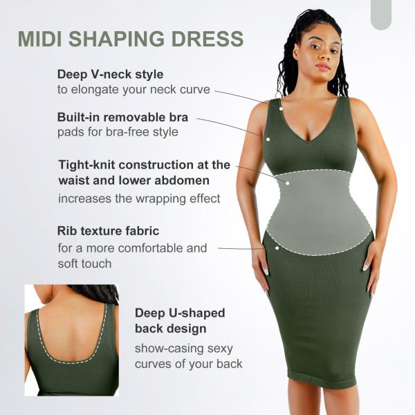 2024 Women's Elegant Casual Style Midi Shapewear Dress with Removable Pads