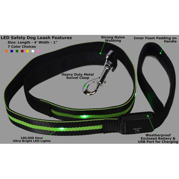 7 Colors Illuminated Dog Leash 1" x 6' Soft Padded Handle Lasting Long Time
