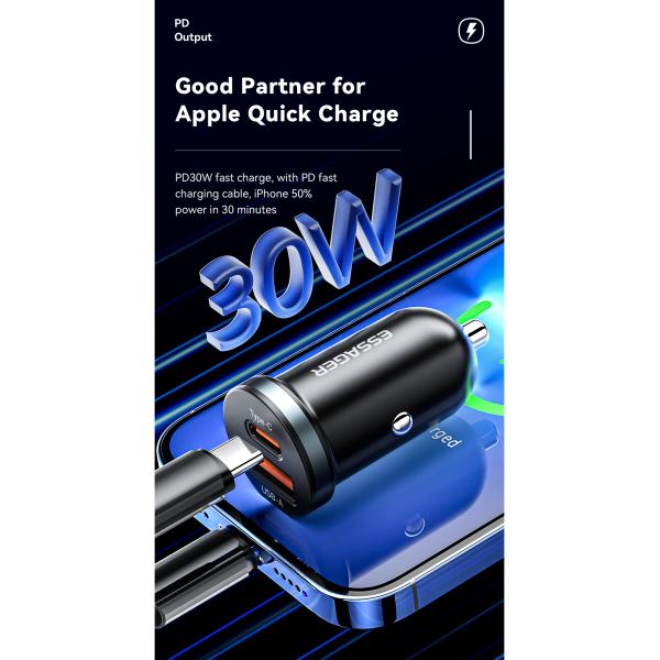 ESSAGER ES-CC12 30W Type C USB A Phone Car Charger Fast Charging QC3.0 PD3.0