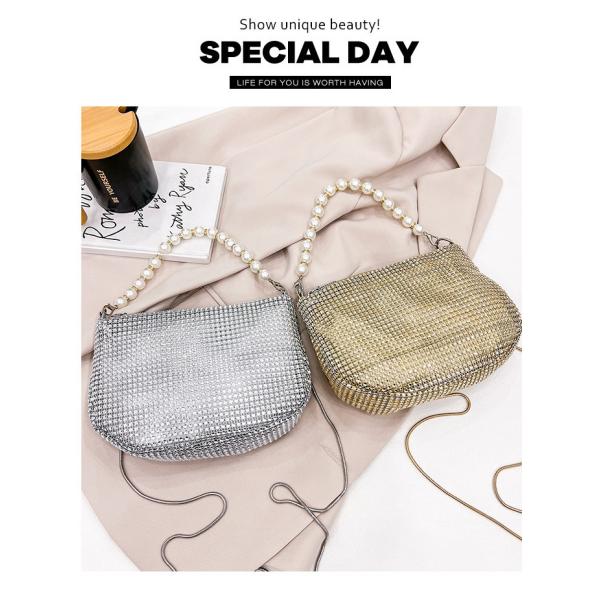 New pearl handle imitation full diamond handbag shoulder bag Cross-border explosive party dinner bag fashion shoulder