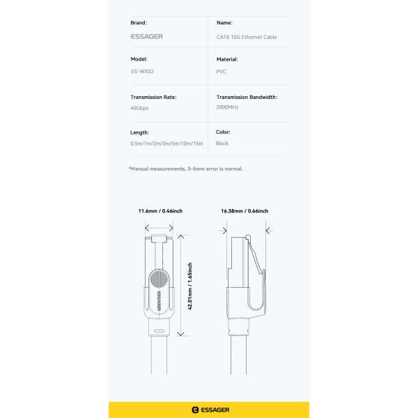 ESSAGER ES-WX02 Cat 8 40Gbps Rj45 Network Ethernet Cable 0.5M 1M 2M 3M 5M 10M 15M
