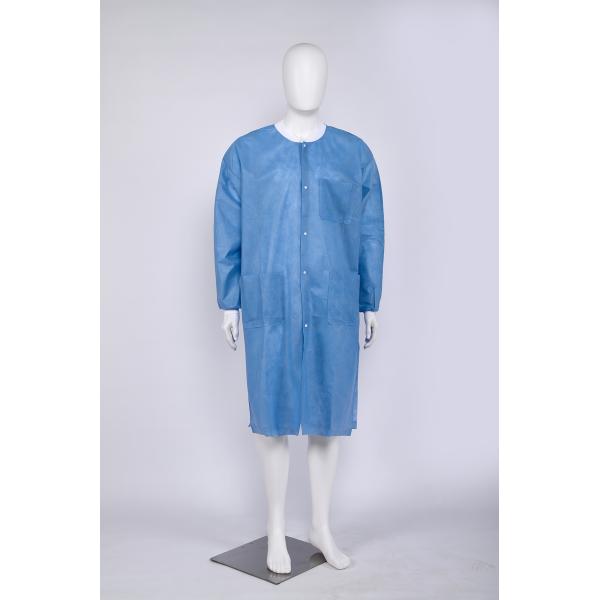 High Performance Premium Quality SMS Disposable Lab Coat With Knitted Cuffs and Collar Light Blue