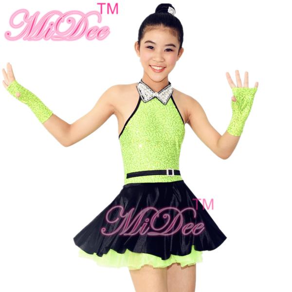 3 Colours Fancy Girls Jazz Dance Dress with Rhinestones Chocker Collar Dance Competition Costumes