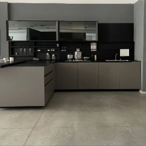 Cheap Handleless Light Gray Glossy PVC Kitchen Cabinet Modern Kitchen Cabinets wholesale