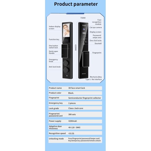 Tuya Wifi Smart Door Lock with 3D Face Video Intercom RFID Inteligente Card Key Fingerprint Camera for Aluminum or Wood Door