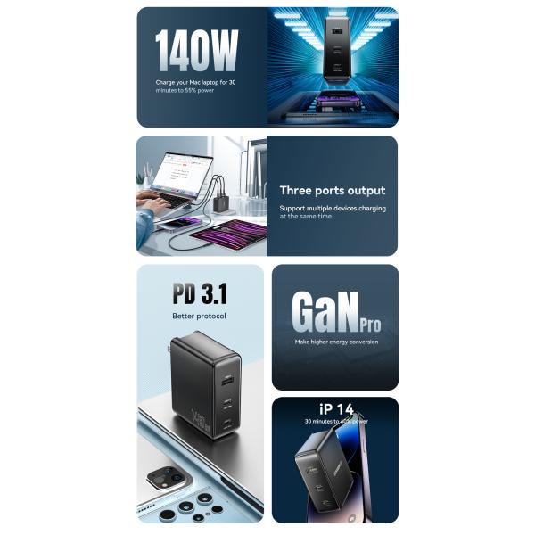 Essager Mobile Phone GaN Chargers 140W With 3 Ports In 1 USB A 2 Type C