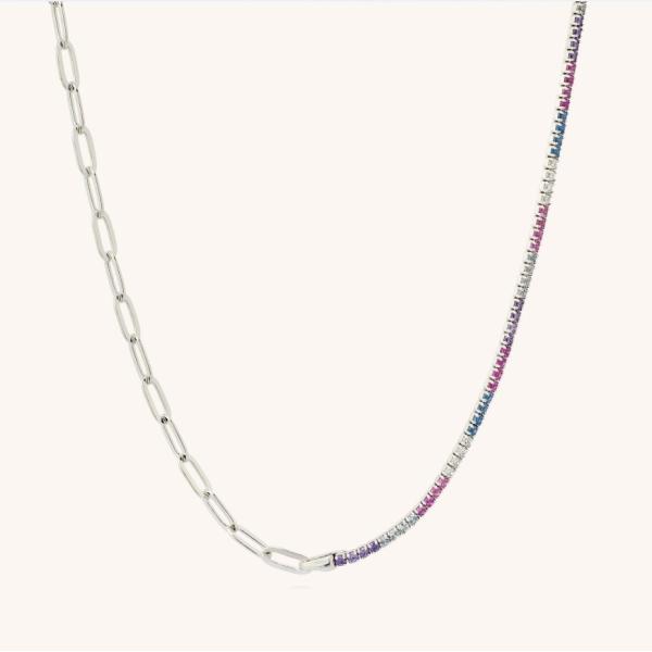 925 Sterling Silver Round Cut CZ Rainbow Collar Tennis Bracelet and Chain Necklace