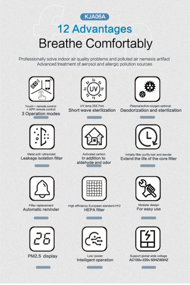 58dB Home Hepa Filter System 350m3/h 99.9% Odor Remover Air Purifier