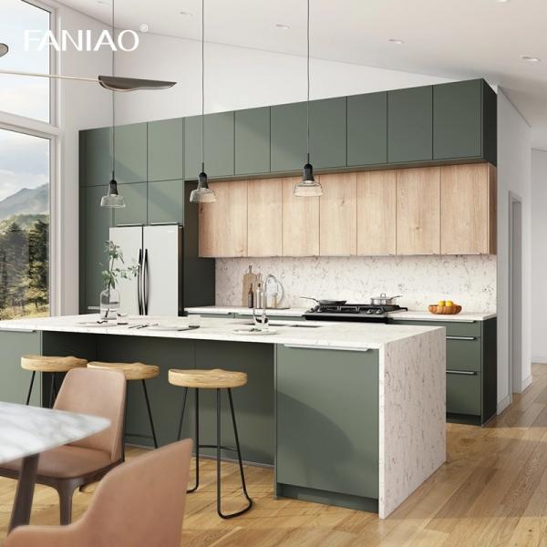 Green Melamine Laminated Finish Handleless Kitchen Cabinet For Builder