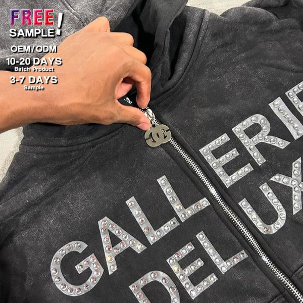 Clothing Manufacturers Custom Rhinestone Acid Washed Zip up Multiple Pockets Vintage Heavyweight Hoodie Sun Faded Hoodies Men