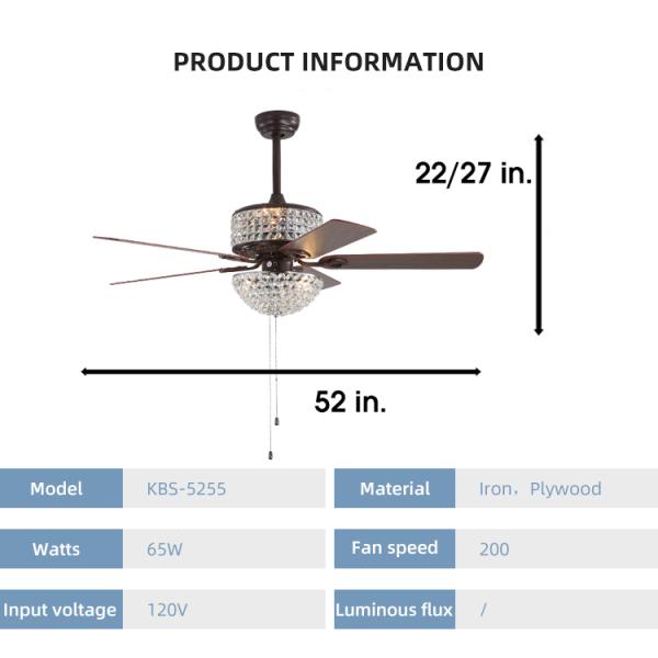 Bedroom AC110V 4100K Flush Mount Crystal Chandelier Ceiling Fan Remote Control