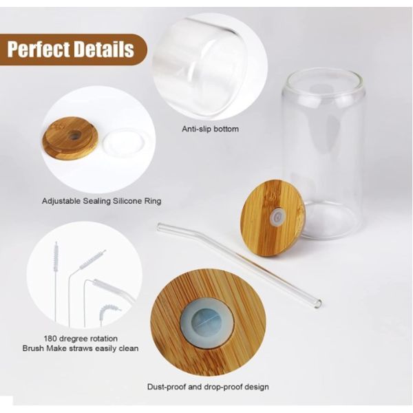 Eco-Friendly Glass Tumbler with Bamboo Lid and Glass Straw for Hot and Cold Beverages