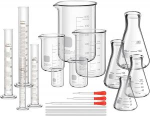 Cheap Lab Glassware Include 4 Graduated Cylinder Set, 4 Glass Beaker Set, 3 Glass Dropper, 4 Stirring Rod, 5 Measuring Cups wholesale