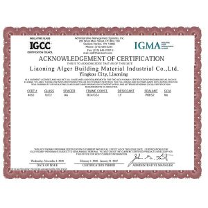 Liaoning Alger Building Material Industrial Co., Ltd. Certifications