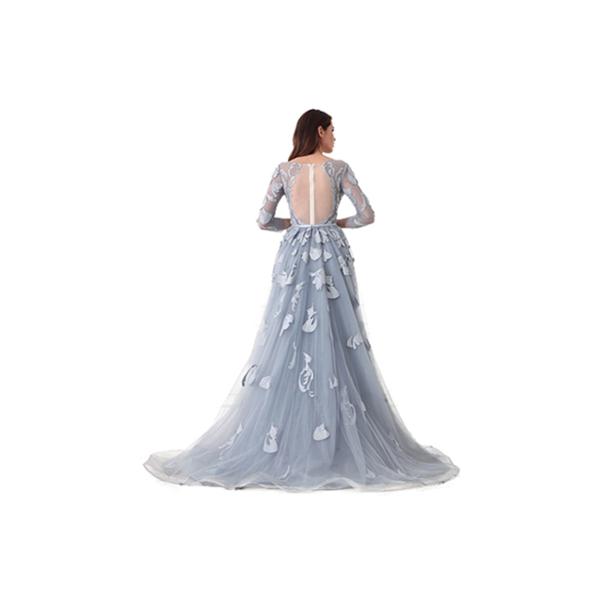 Backless Sexy Tulle Long Sleeve Evening Gowns Built - In Bra Light Blue