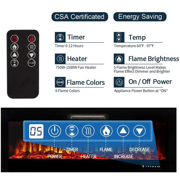 Electric Fire Place with 9 Flame Colors Wall Mounted Electric Fireplace Heater Flame