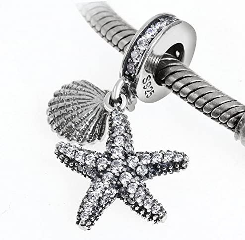 Tropical Starfish & Sea Shell Hanging Charm - 925 Sterling Silver Beads - European Style Bead Charm Bracelet