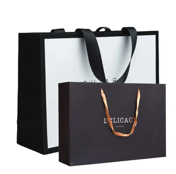 Customized Logo Print Luxury White Shopping Paper Custom Cardboard Bags With Ribbon Handle