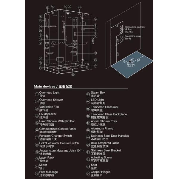 Tempered Glass Sliding Door Enclosed Steam Shower Cabins Aluminum Frame