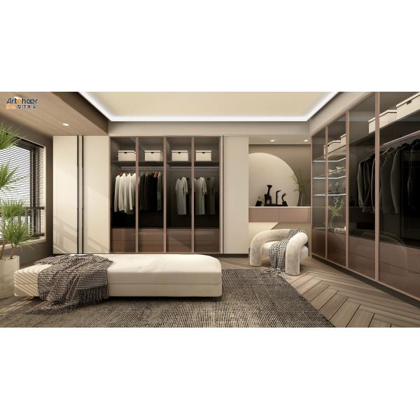 Create a Chic Walk-In Closet with a Wardrobe Featuring Glass Doors and Accessories