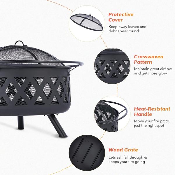 Round Portable Wood Burning Fire Pit Camping Bonfire With BBQ Grill