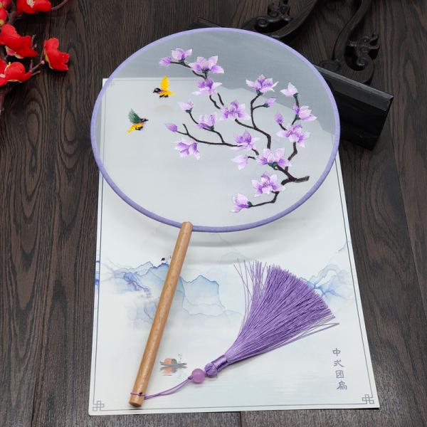 Y-Z Chinese Round Shape Hanfu Fabric Fan Wood Handle with Tassel Hand Embroidered Ancient Silk Fan