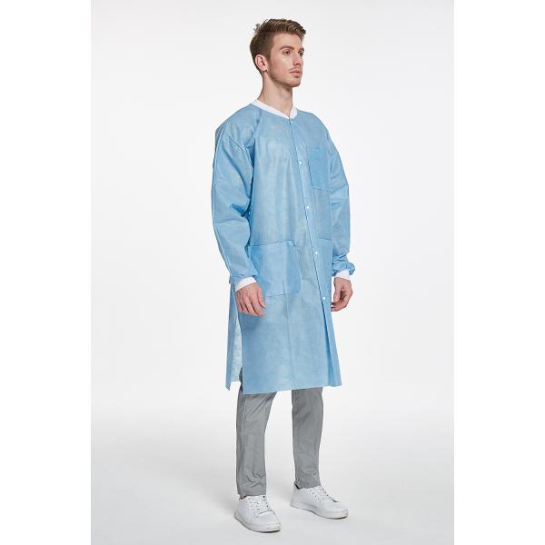 High Performance Premium Quality SMS Disposable Lab Coat With Knitted Cuffs and Collar Light Blue