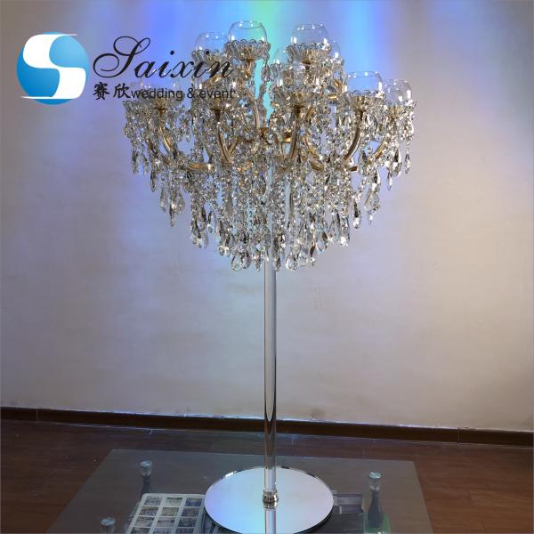 ZT-407 New Gold diamond stand with Hanging Crystal candles holder for wedding table top centerpiece