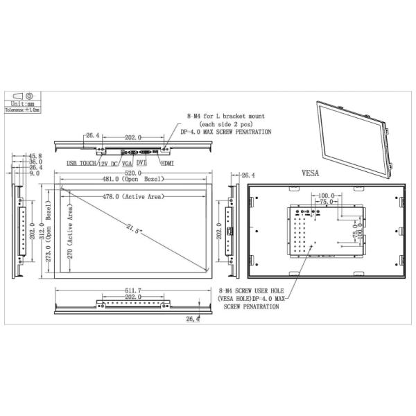 21.5 Inch Infrared Touch Monitor Vandal Proof 1920x1080 With VGA DVI
