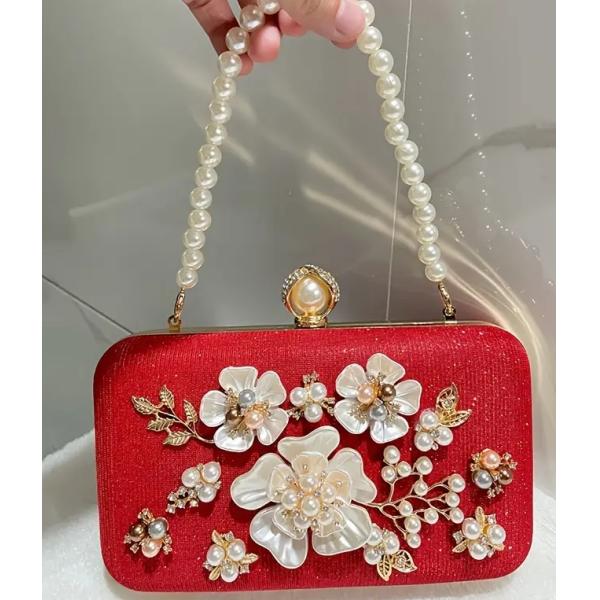 Elegant Floral Embellished Clutch Bag for Women - Red & Golden Luxury Evening Handbag with Detachable Chain Strap & Clasp Closure, Perfect for Weddings, Parties, Formal Events, Wedding Accessory