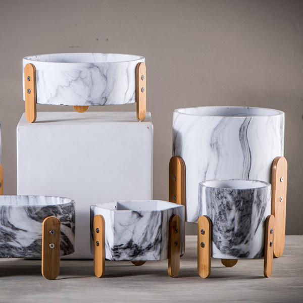 Marble Pots Concrete Planters with Bamboo Stands Tabletop Plant Pots Succulents Pots Mini Pots