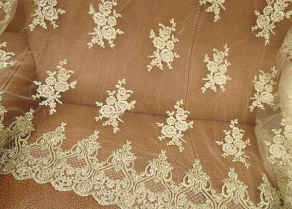 Quality Vintage Corded Floral Gold Bridal Lace Fabric , Embroidered Net Lace Fabric For Gown for sale