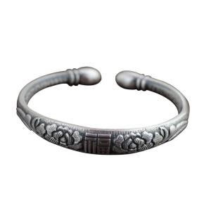 Women Sterling Silver Cuff Bracelet Engraved Fowers Blessings Retro Bangle