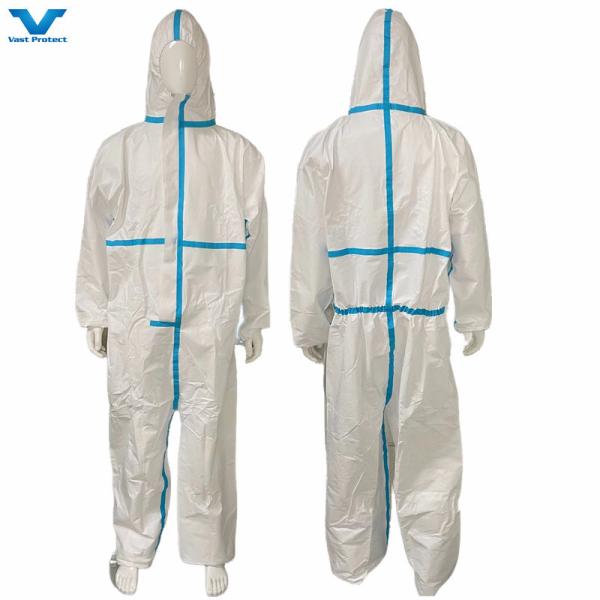 En14126 Standard 65GSM Cat III Type 4/5/6 Blue Tape White Coverall Disposable CE Approved