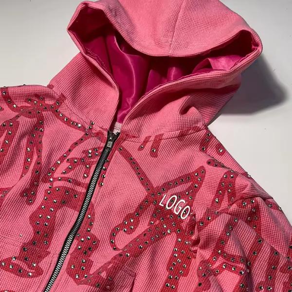 Streetwear Waffle Stain Lining Zip up Hoodie Custom Manufacturer Boxy Crop Oversized Fit French Terry Rhinestone Hoodies for Men