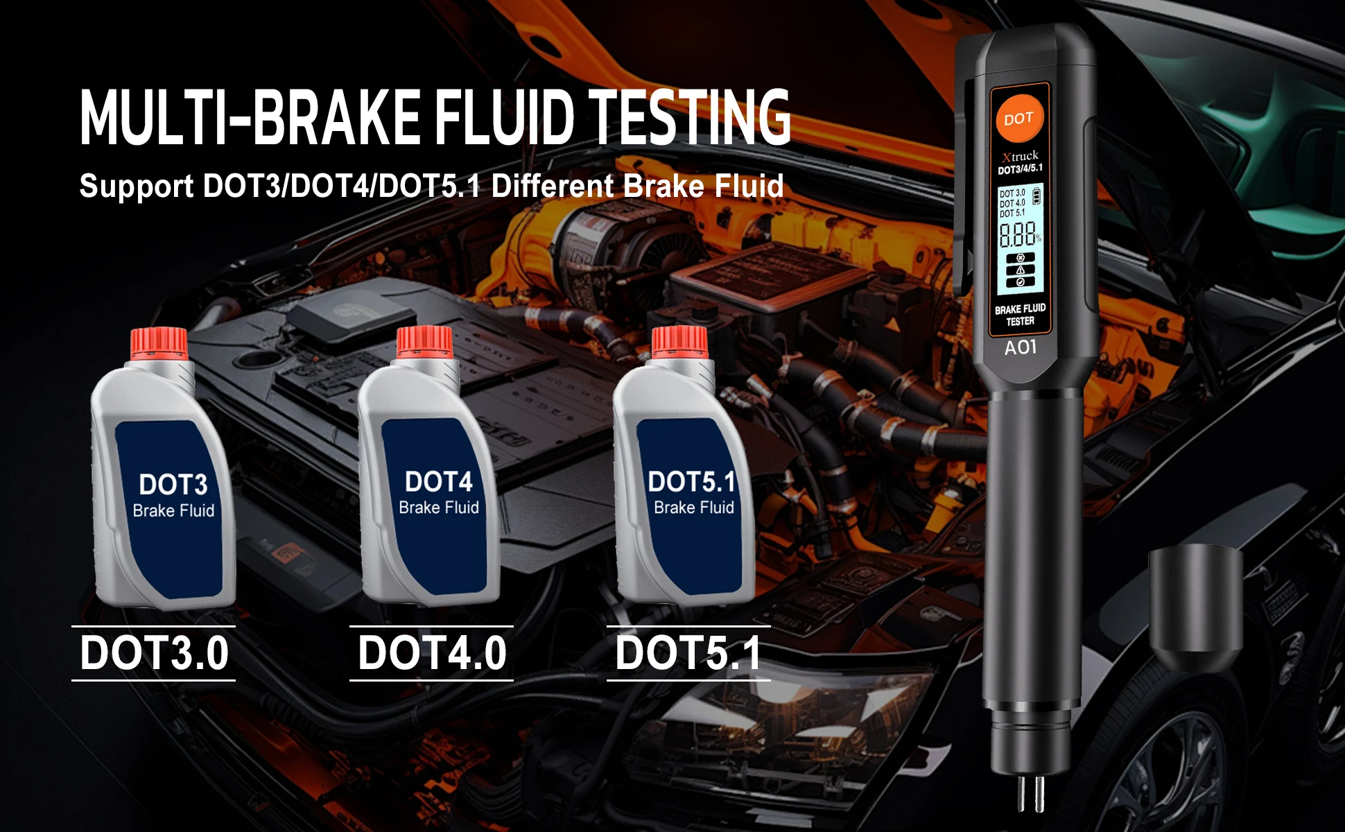 Digital Brake Fluid Tester with 155mm*30mm*25mm Size 38.5g Weight and 0~50°C Usage Environment for DOT3/DOT4/DOT5.1 Brake Oil