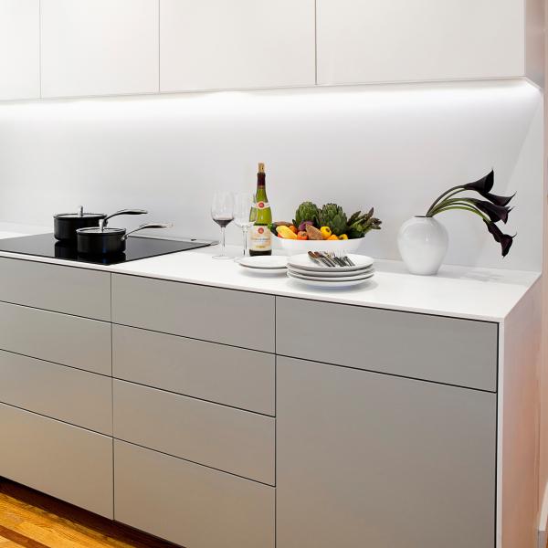 L Shape White And Gray Kitchen Storage Cabinet Lacquer Kitchenette All In One