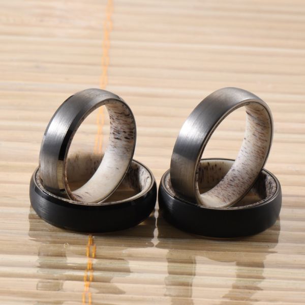 6mm Silver or Black Plated Wedding Engagement Band with Natural Deer Antler Inside Dome Edges Comfort Fit Geometric Shape