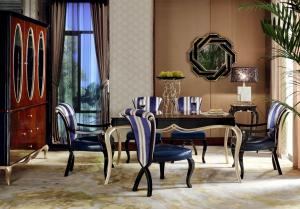 China Luxury room New classic Furniture Dining Tables and Wine Cabinet in glossy painting with Fabric Upholstered Chairs on sale